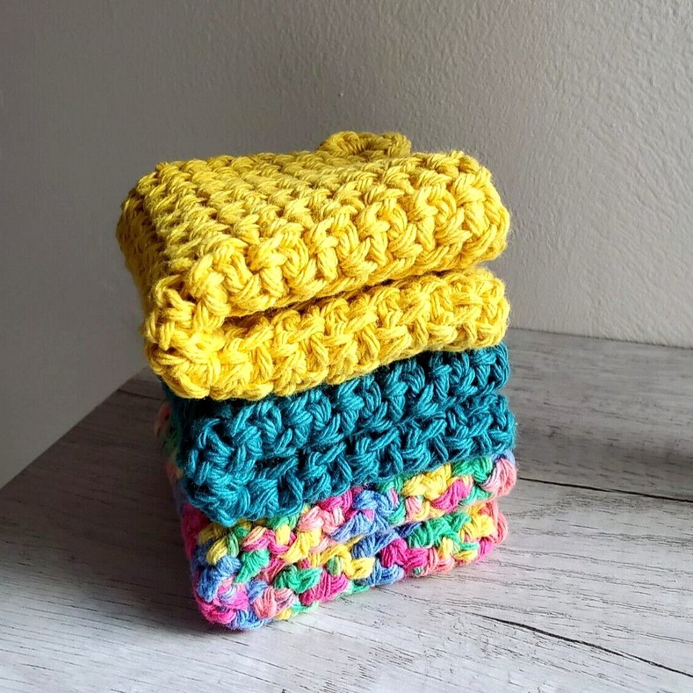 3 Crochet DISHCLOTH WASHCLOTH 100% Cotton Handmade Rainbow Teal Mustard